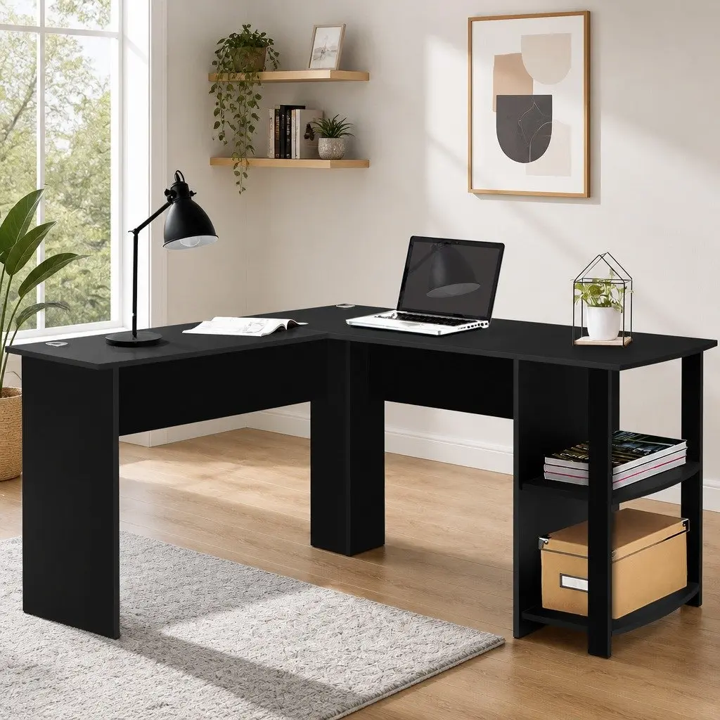 L-Shape Computer Desk with Open Shelves and Cable Management Black 136cm W x 130cm D x 72.5cm H