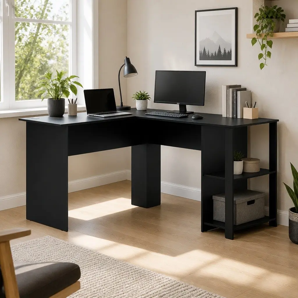 L-Shape Computer Desk with Open Shelves and Cable Management Black 136cm W x 130cm D x 72.5cm H