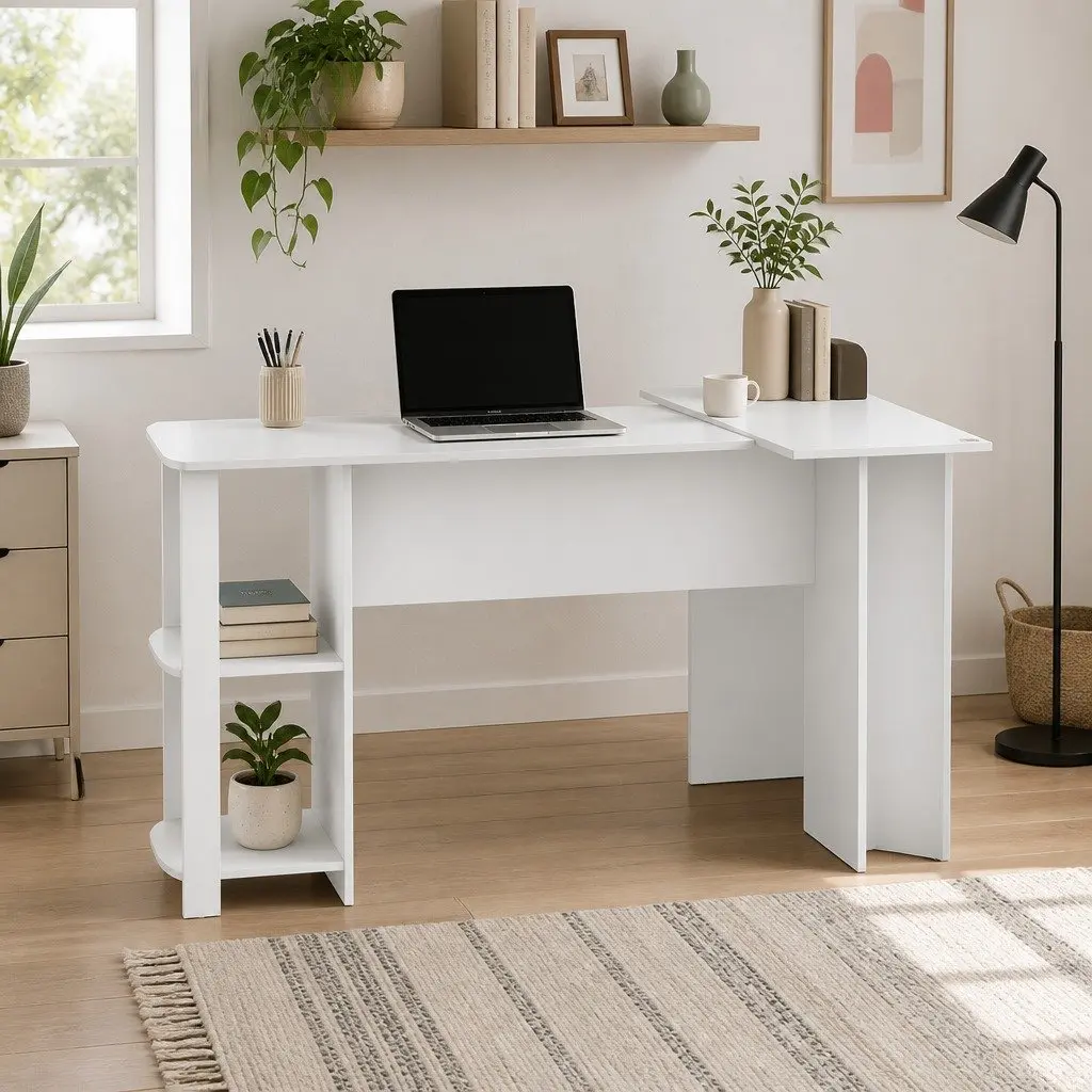 L-Shape Computer Desk with Open Shelves and Cable Management White 136cm