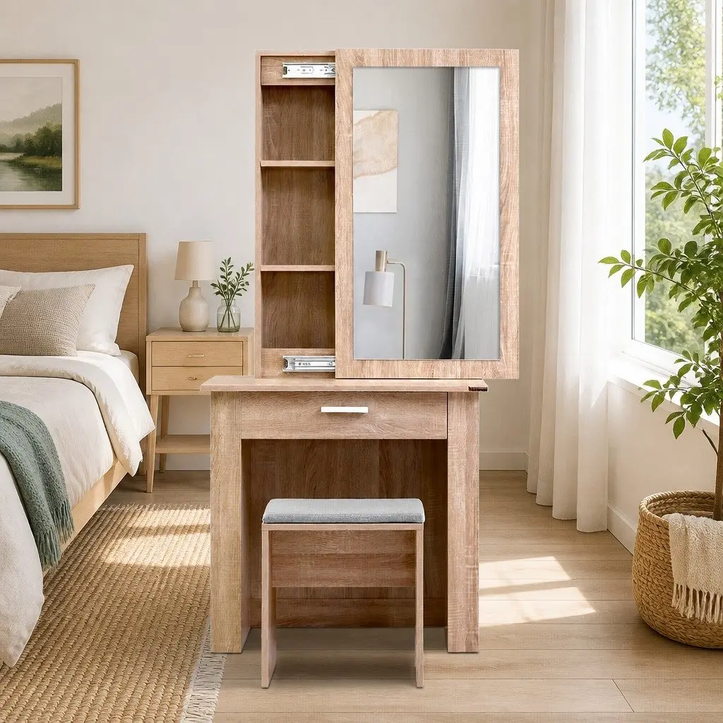 Dressing Table Stool Set Sliding Mirror Bedroom Vanity Storage Wood