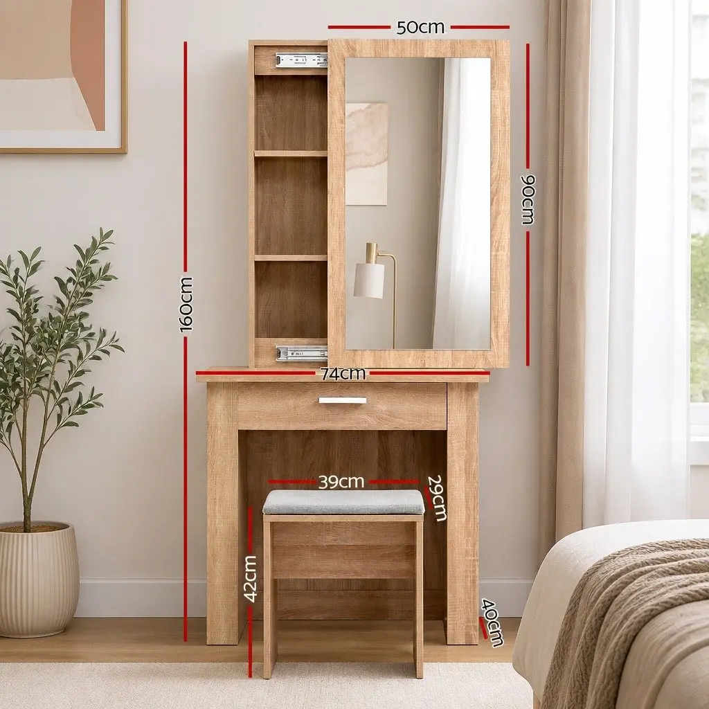 Dressing Table Stool Set Sliding Mirror Bedroom Vanity Storage Wood