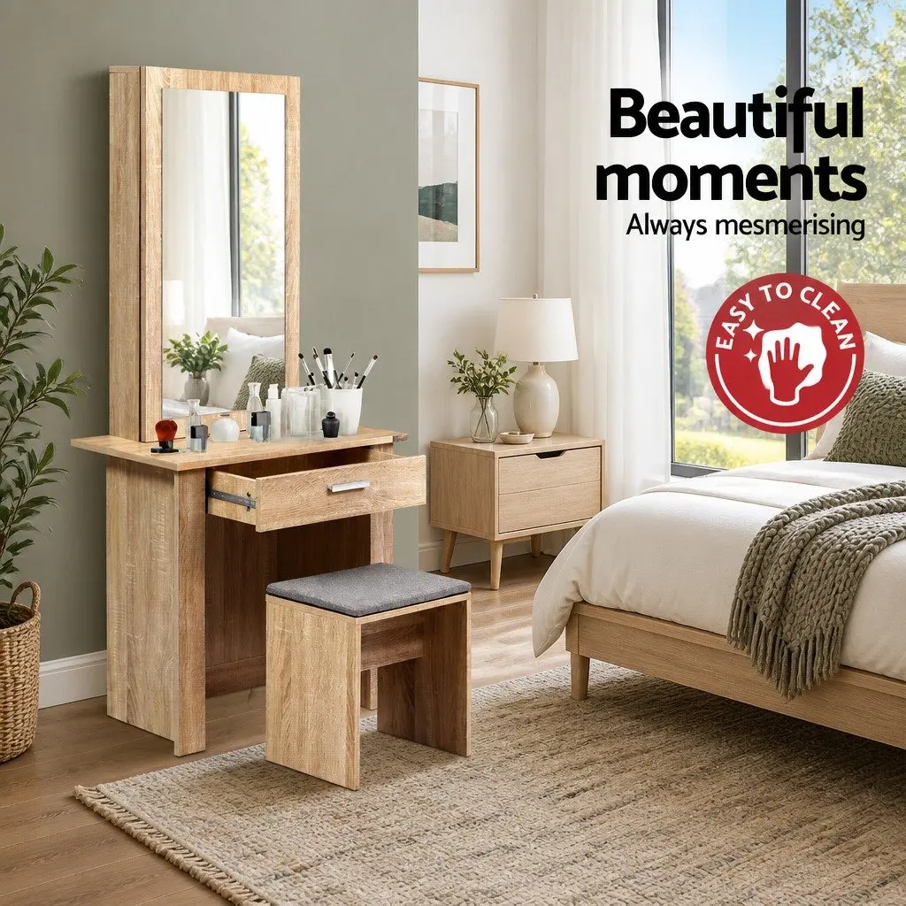 Dressing Table Stool Set Sliding Mirror Bedroom Vanity Storage Wood
