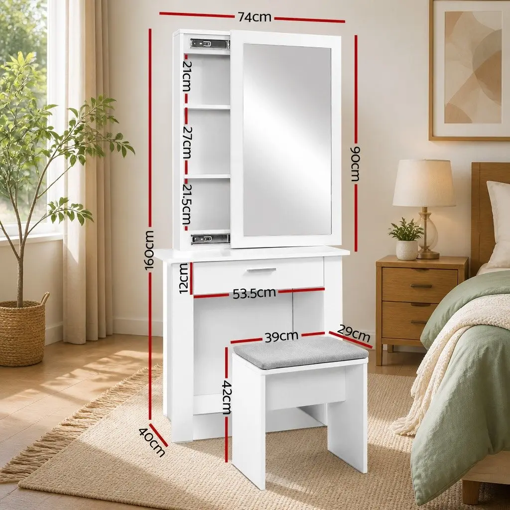 Dressing Table Set Sliding Mirror White 74cm x 40cm x 160cm with Padded Stool