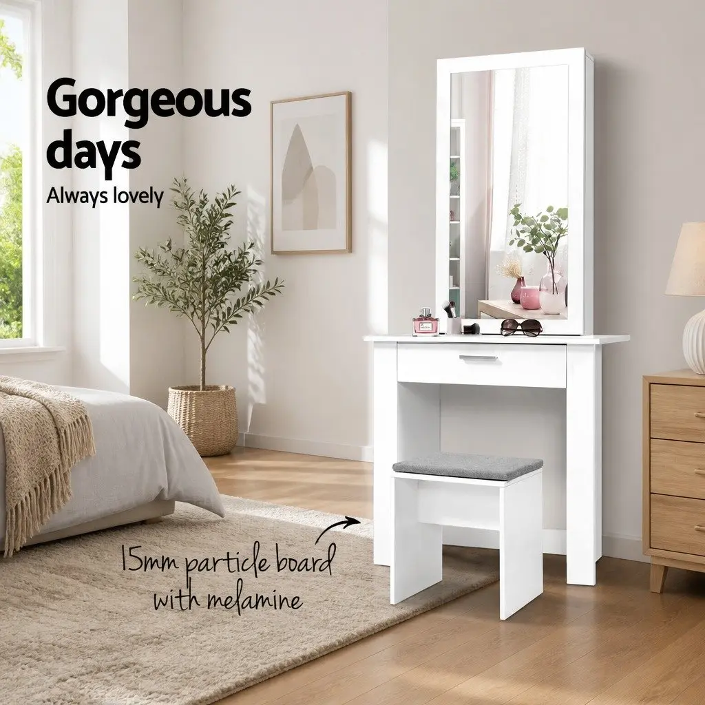 Dressing Table Set Sliding Mirror White 74cm x 40cm x 160cm with Padded Stool
