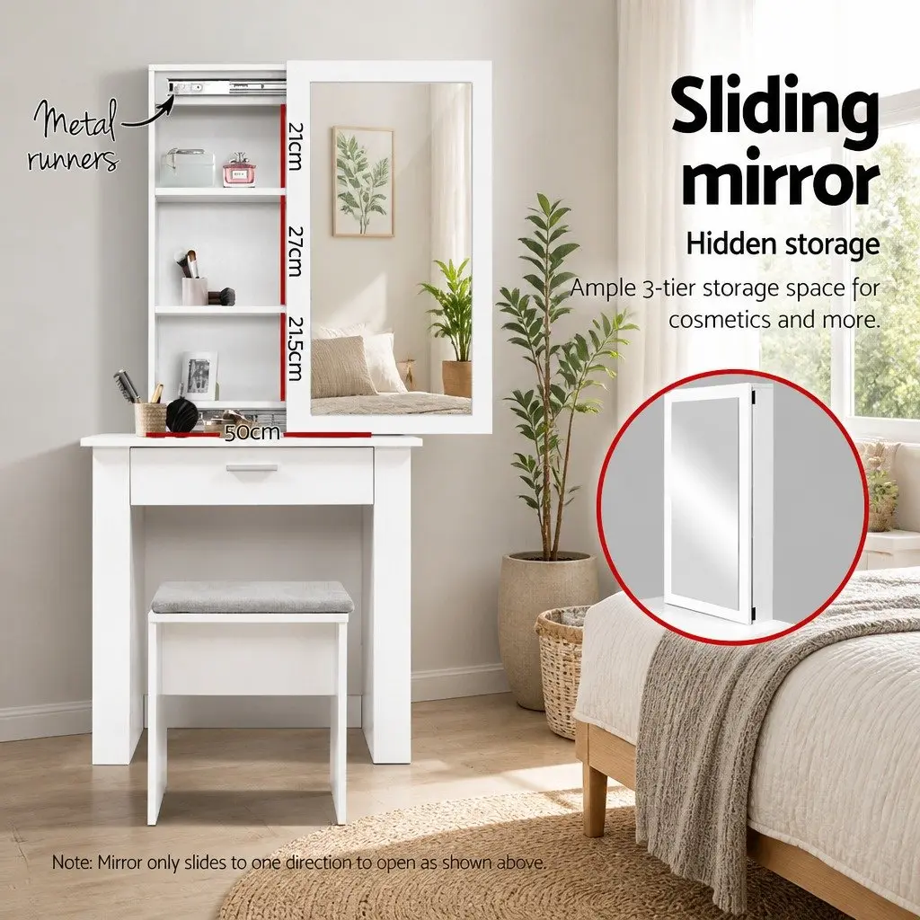 Dressing Table Set Sliding Mirror White 74cm x 40cm x 160cm with Padded Stool