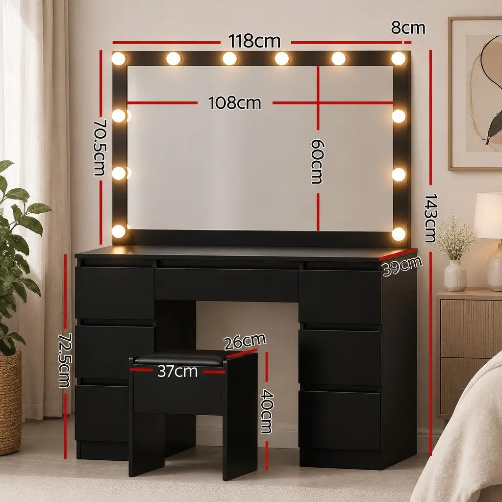 Dressing Table Vanity Desk Set LED Bulbs Large Mirror Foam Padded Stool Black