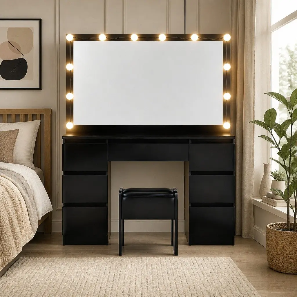 Dressing Table Vanity Desk Set LED Bulbs Large Mirror Foam Padded Stool Black