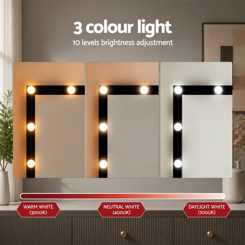 Dressing Table Vanity Desk Set LED Bulbs Large Mirror Foam Padded Stool Black