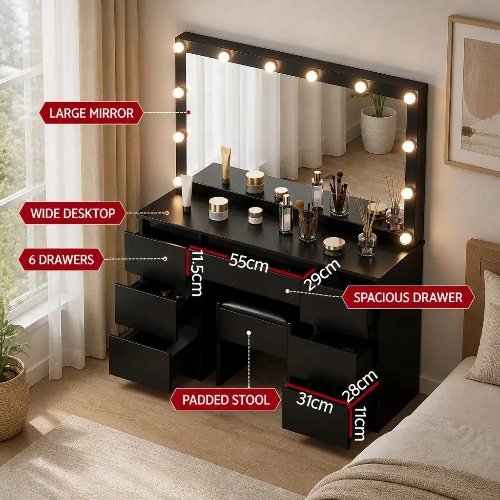 Dressing Table Vanity Desk Set LED Bulbs Large Mirror Foam Padded Stool Black
