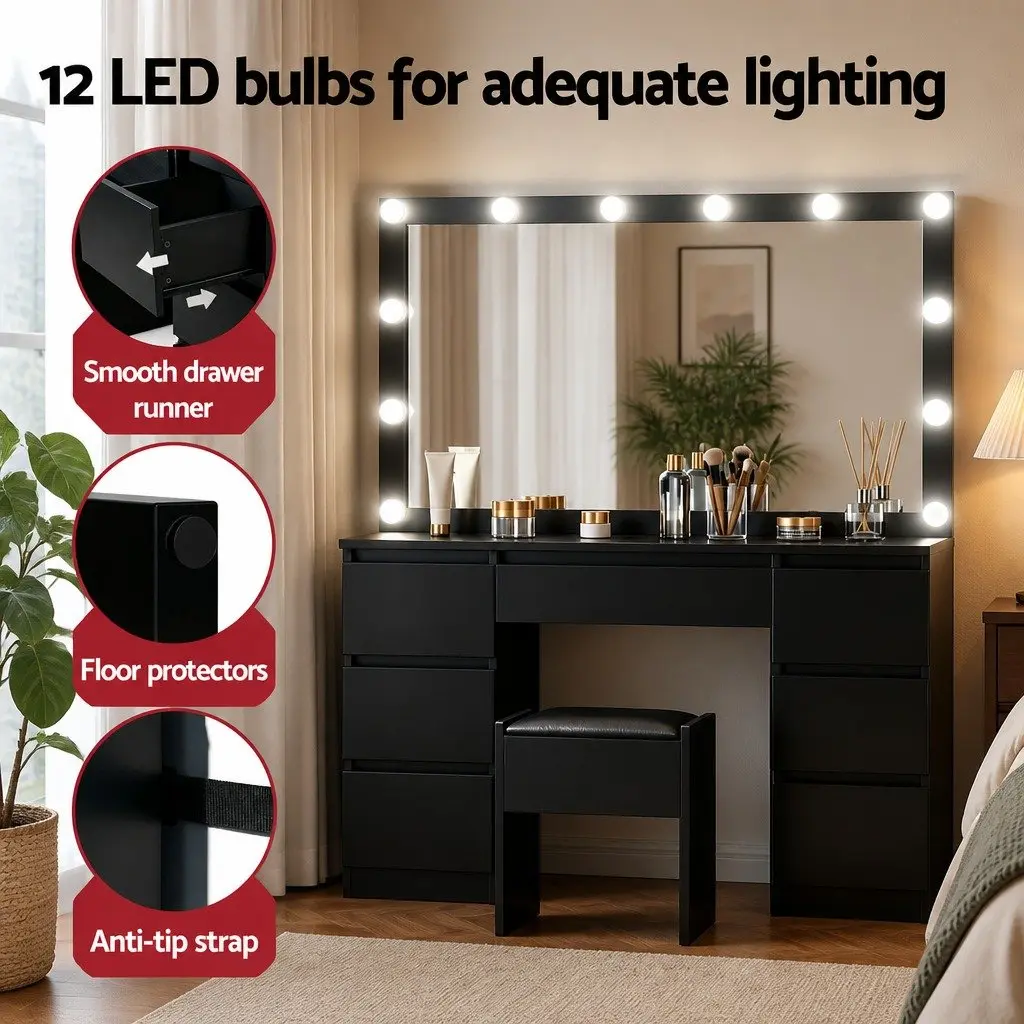 Dressing Table Vanity Desk Set LED Bulbs Large Mirror Foam Padded Stool Black