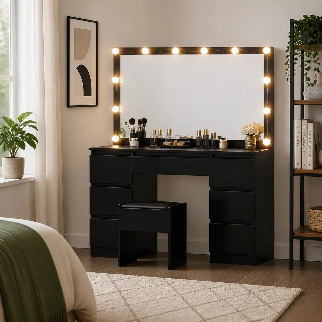Dressing Table Vanity Desk Set LED Bulbs Large Mirror Foam Padded Stool Black