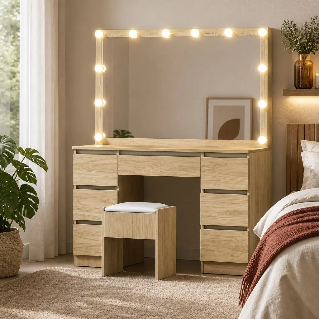 Dressing Table Vanity Desk Set with Stool 12 LED Bulbs 3 Colour Lights Mirror