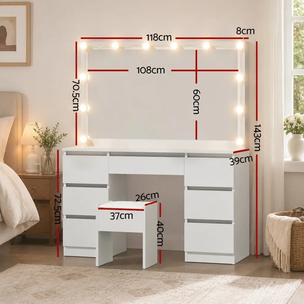 Dressing Table Vanity Desk Set with LED Bulbs White Large Makeup Mirror and Stool