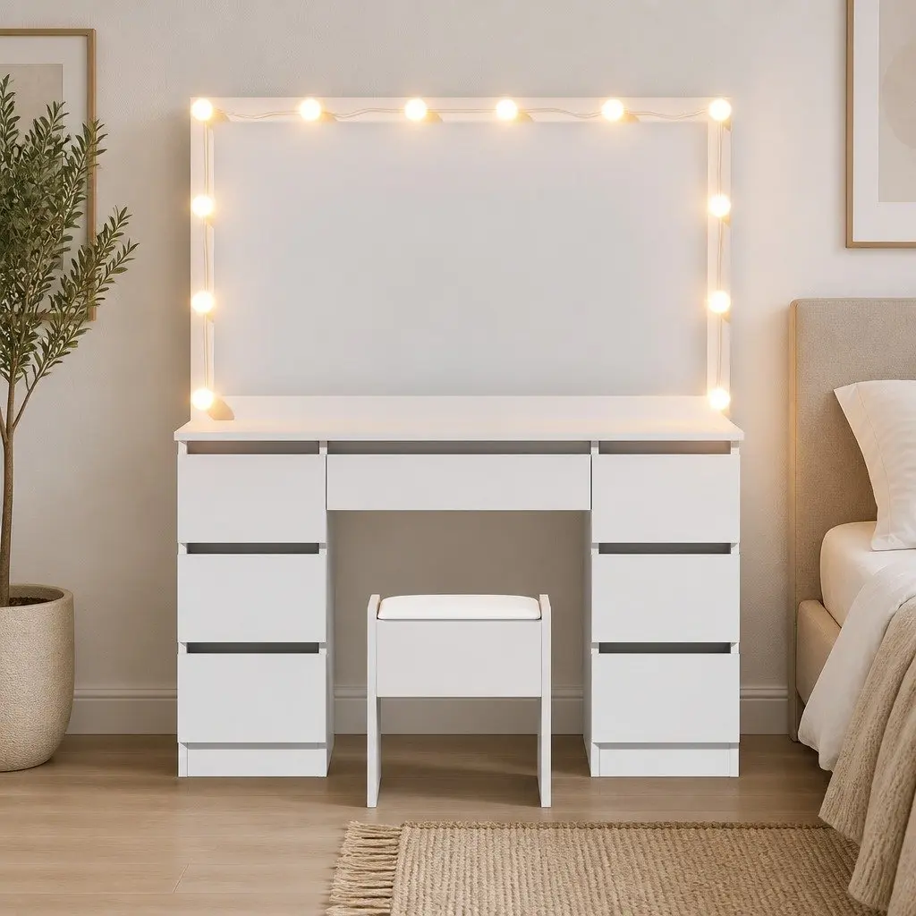 Dressing Table Vanity Desk Set with LED Bulbs White Large Makeup Mirror and Stool