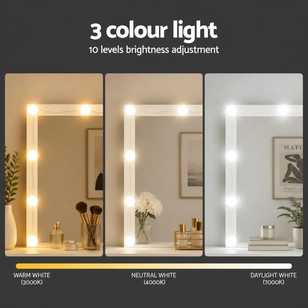 Dressing Table Vanity Desk Set with LED Bulbs White Large Makeup Mirror and Stool