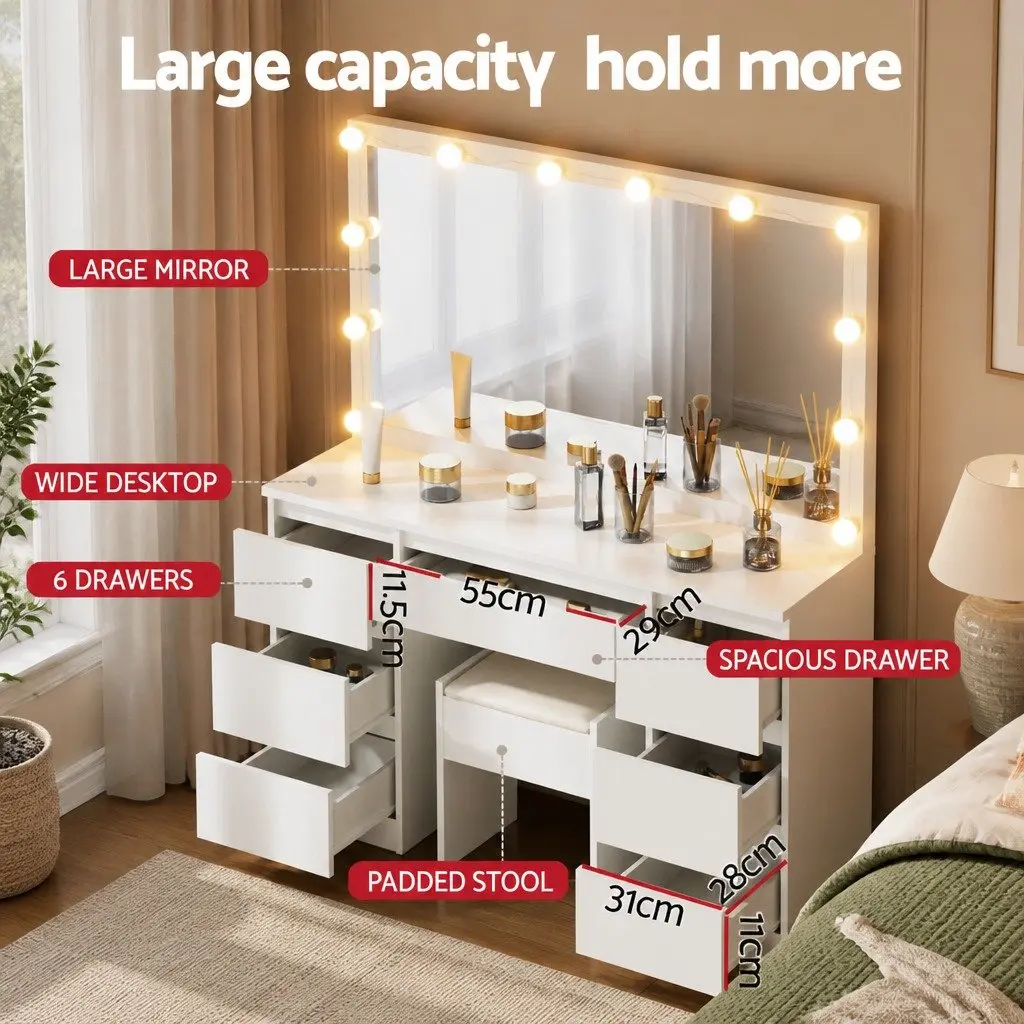 Dressing Table Vanity Desk Set with LED Bulbs White Large Makeup Mirror and Stool