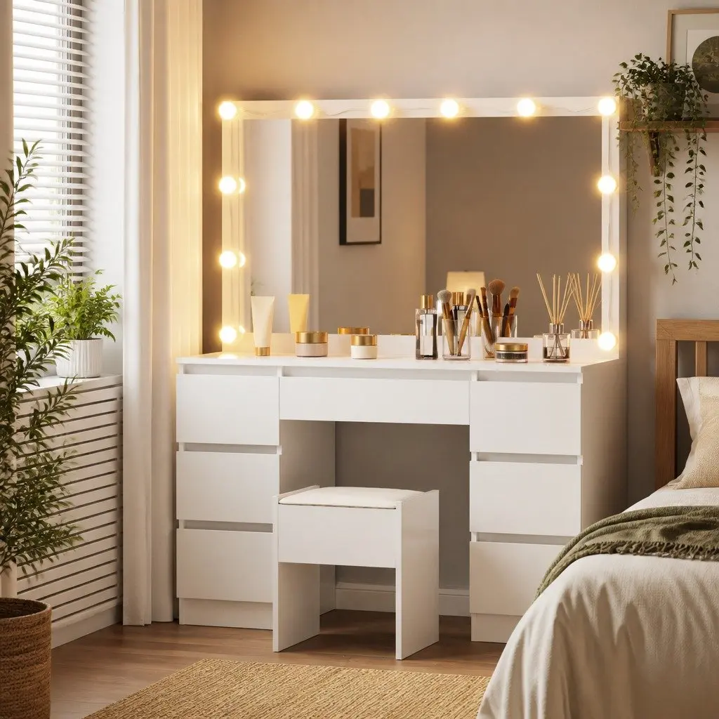 Dressing Table Vanity Desk Set with LED Bulbs White Large Makeup Mirror and Stool