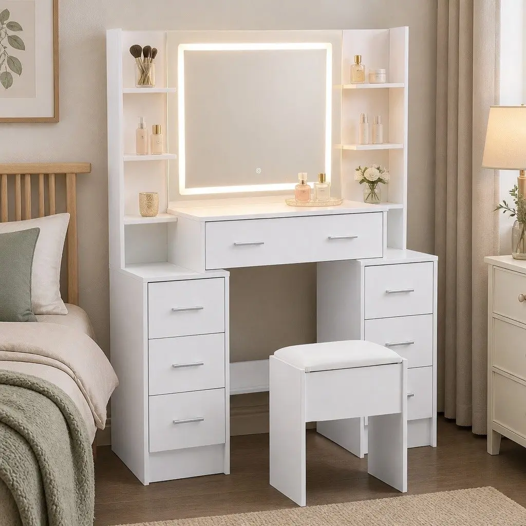 Dressing Table Vanity Desk Set with LED Mirror Charging Station White