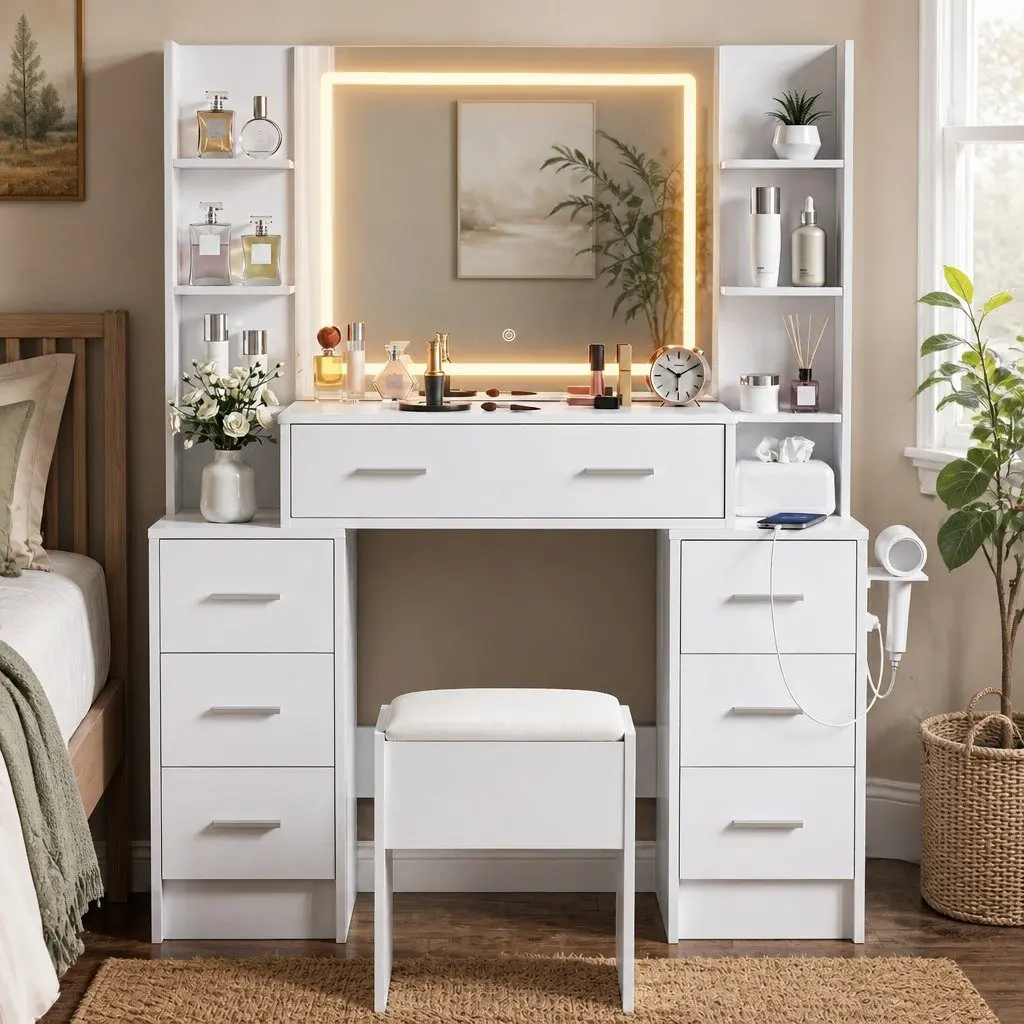 Dressing Table Vanity Desk Set with LED Mirror Charging Station White