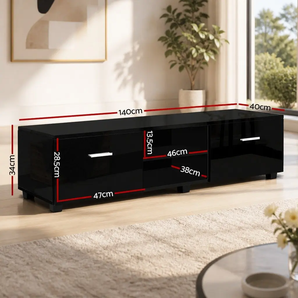 TV Unit Black 140cm Storage Entertainment Cabinet with Two Drawers and Open Shelves