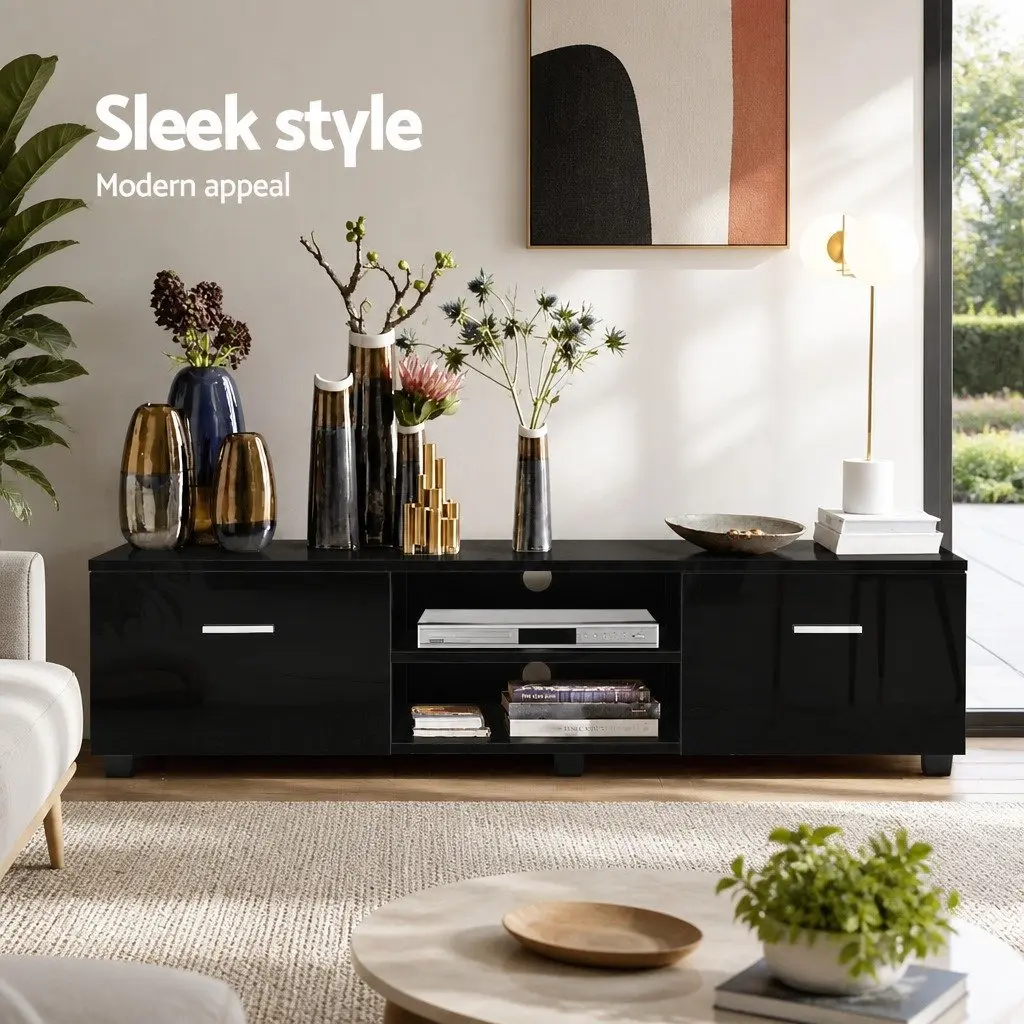 TV Unit Black 140cm Storage Entertainment Cabinet with Two Drawers and Open Shelves