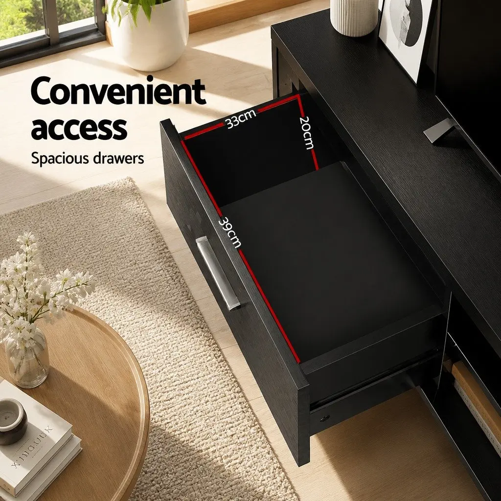 TV Unit Black 140cm Storage Entertainment Cabinet with Two Drawers and Open Shelves