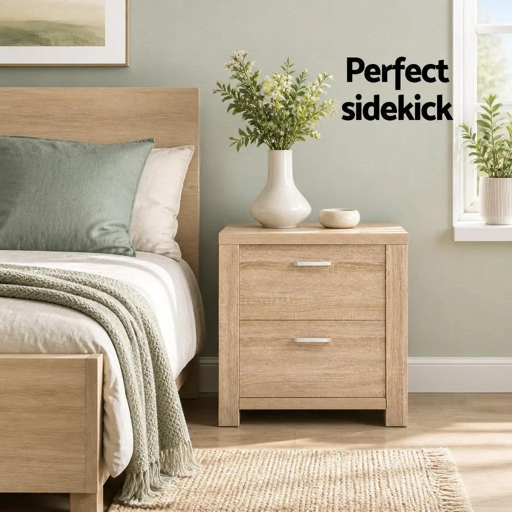 Bedside Table 2 Drawers Storage Bedroom Nightstand Side Table Natural Wood