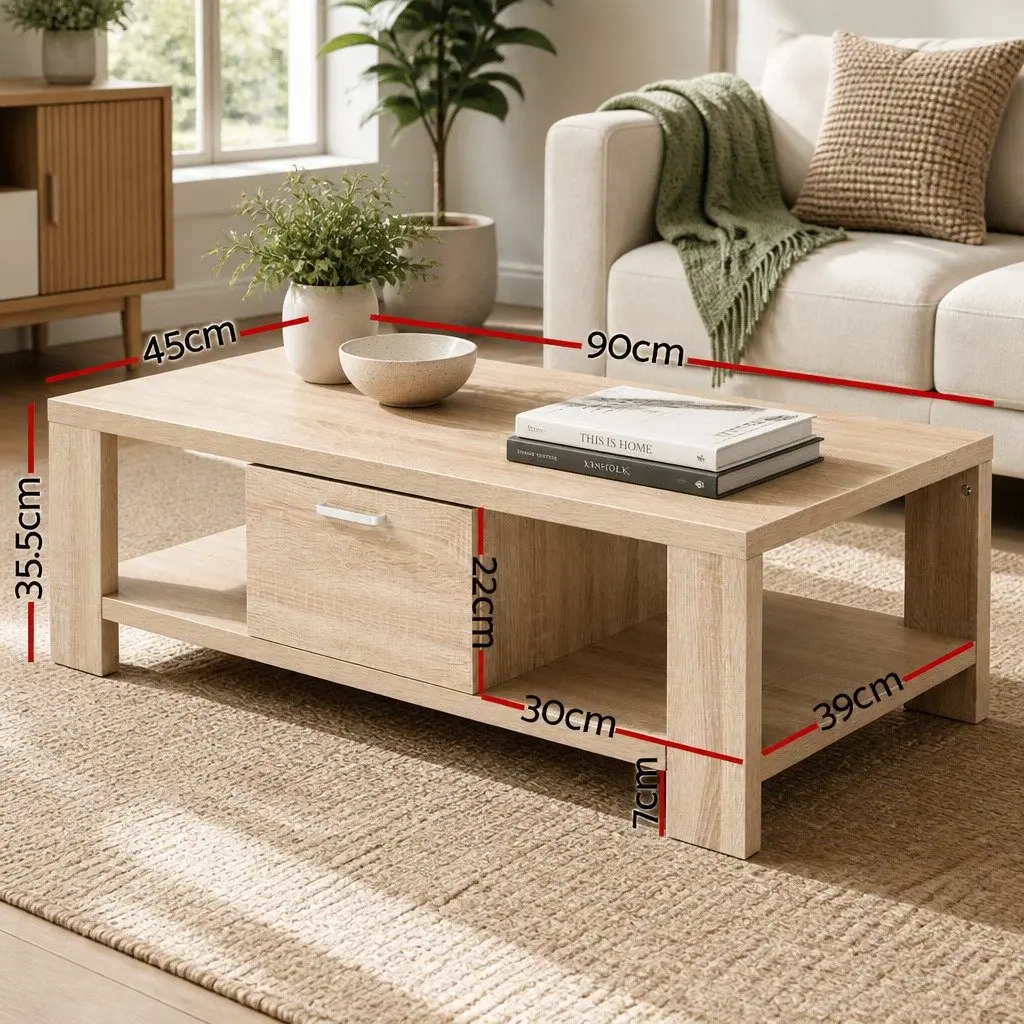 Coffee Table Contemporary Oak 90cm W x 45cm D x 35.5cm H with Drawer Open Shelves