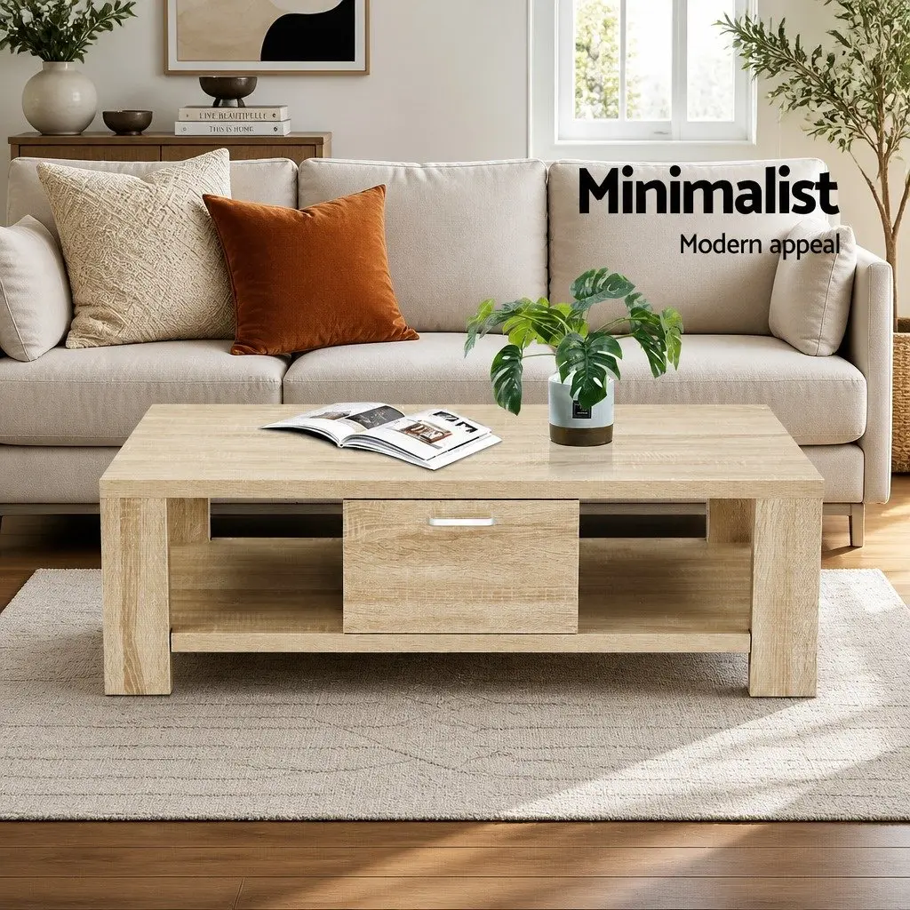 Coffee Table Contemporary Oak 90cm W x 45cm D x 35.5cm H with Drawer Open Shelves