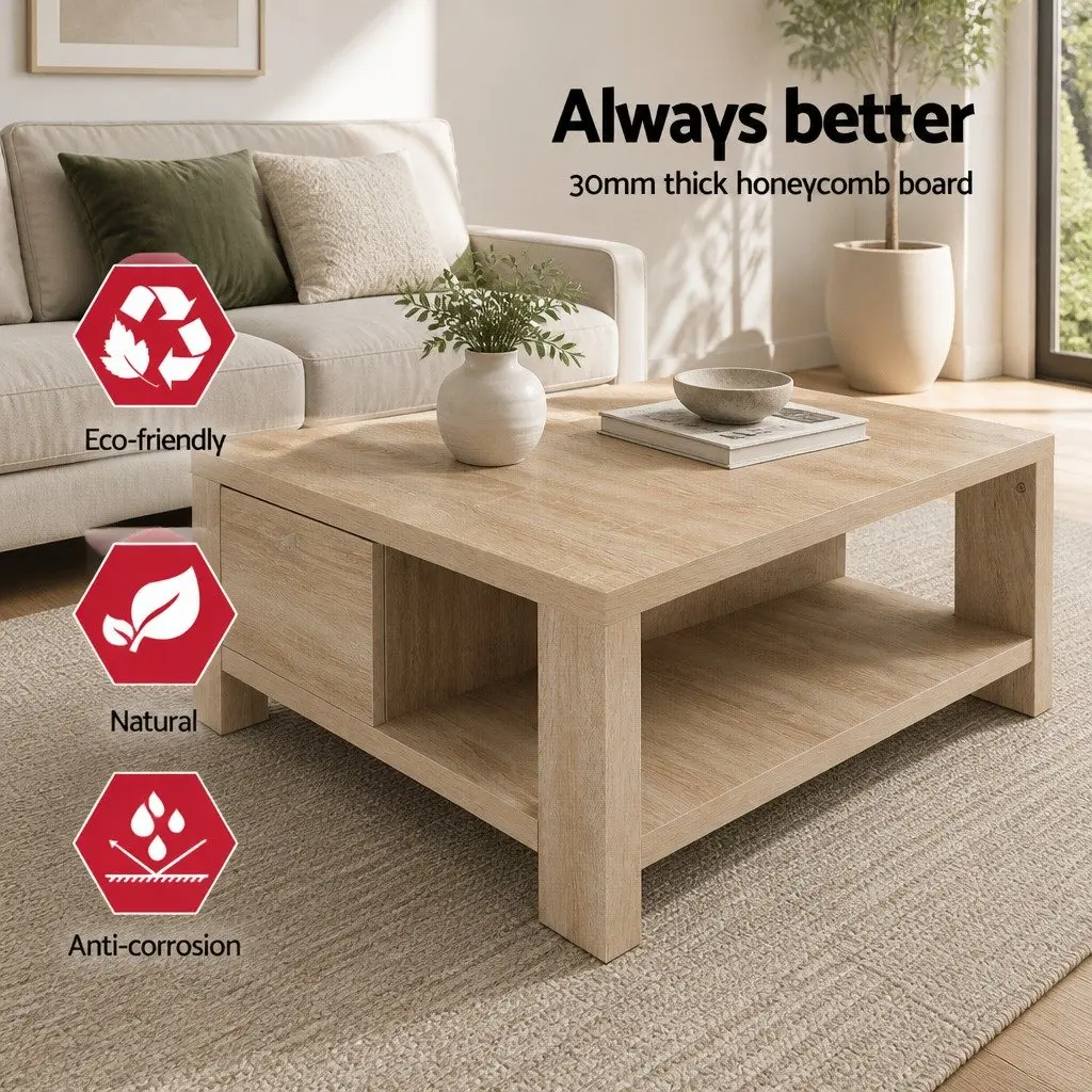 Coffee Table Contemporary Oak 90cm W x 45cm D x 35.5cm H with Drawer Open Shelves
