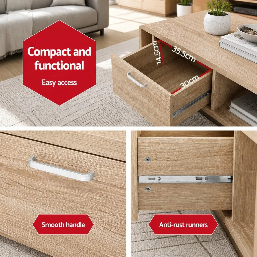 Coffee Table Contemporary Oak 90cm W x 45cm D x 35.5cm H with Drawer Open Shelves