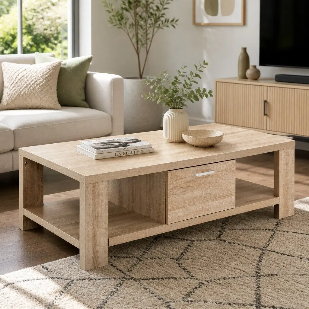 Coffee Table Contemporary Oak 90cm W x 45cm D x 35.5cm H with Drawer Open Shelves