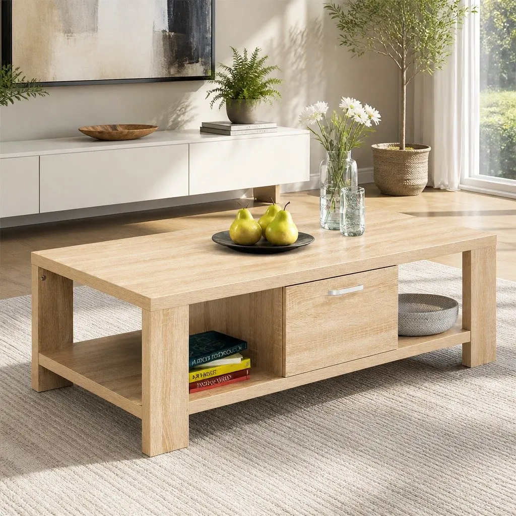 Coffee Table Contemporary Oak 90cm W x 45cm D x 35.5cm H with Drawer Open Shelves
