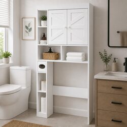 Over The Toilet Storage Cabinet Bathroom Organiser Shelf With Barn Door White