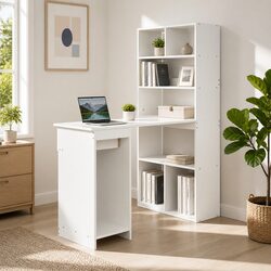 Computer Desk with 5-Tier Bookshelf Drawer Storage Workstation White 120cm