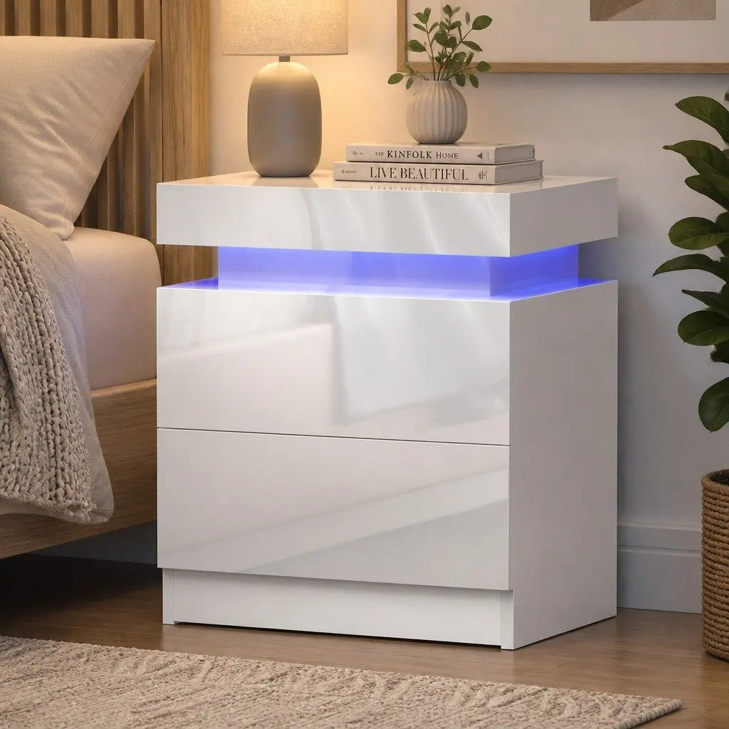Bedside Table LED Lift-up Storage 2 Drawers White Modern Bedroom Nightstand