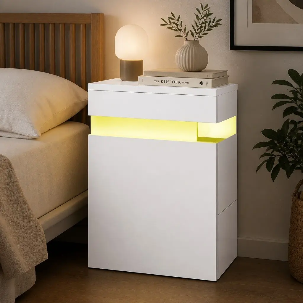 Bedside Table LED Lift-up Storage 2 Drawers White Modern Bedroom Nightstand