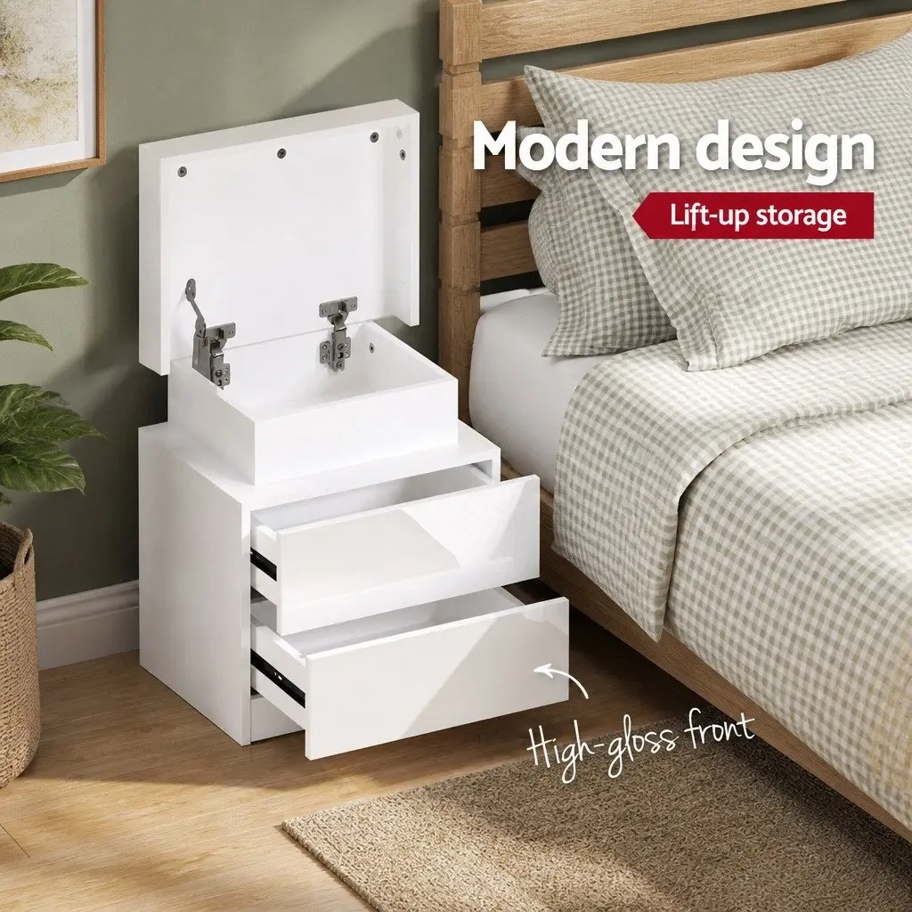 Bedside Table LED Lift-up Storage 2 Drawers White Modern Bedroom Nightstand