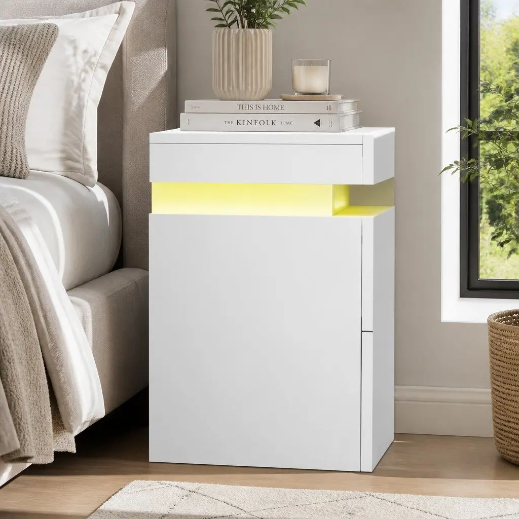 Bedside Table with LED Lights 2 Drawers Lift-up Storage White Modern Bedroom