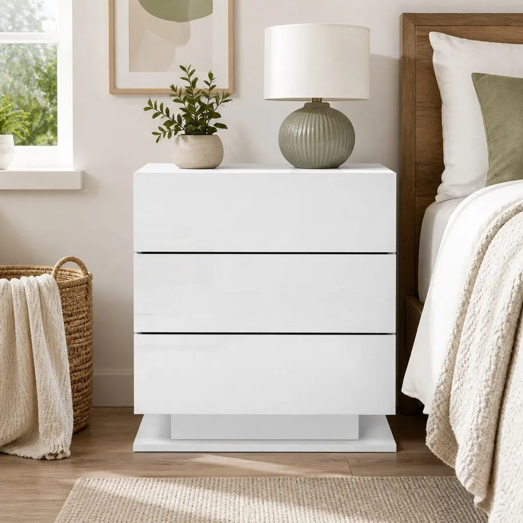 Bedside Table with LED Lighting 3 Drawers White Modern Bedroom Nightstand