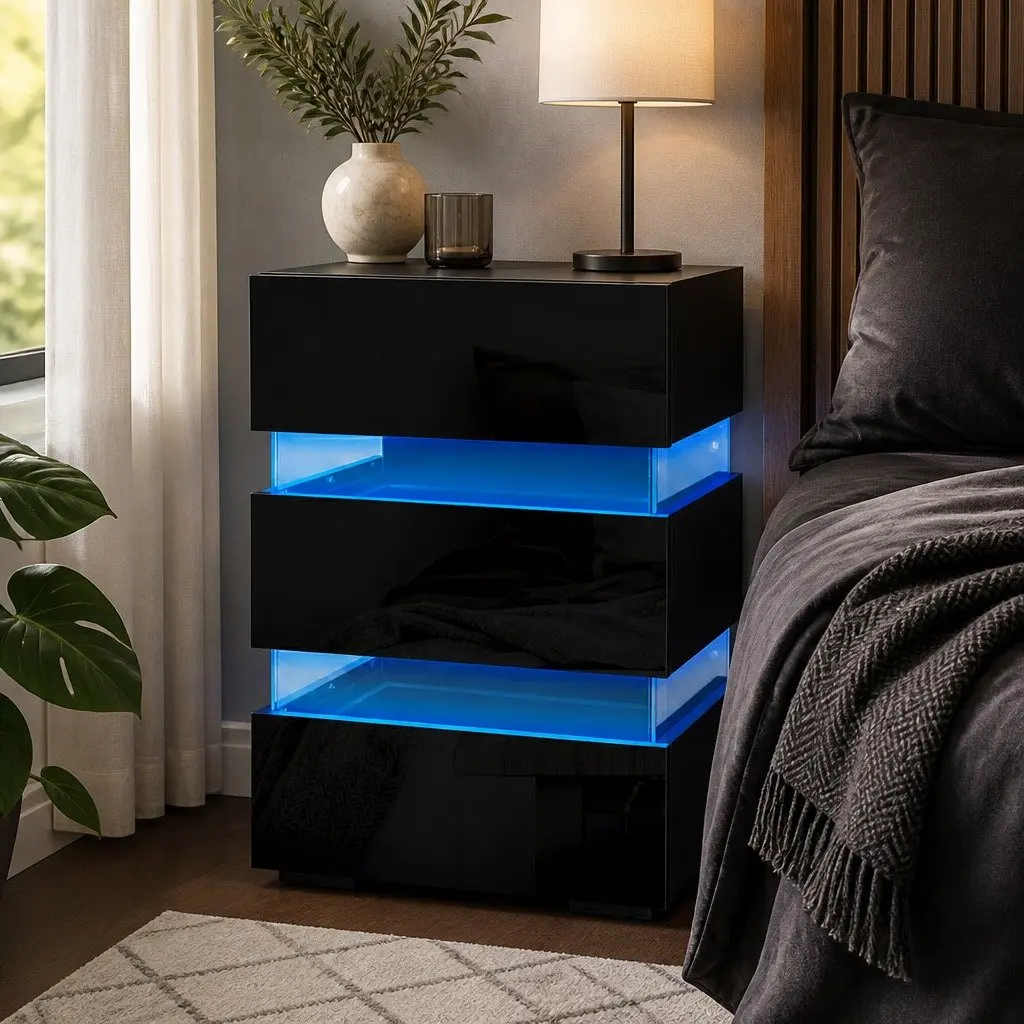 Black Modern Bedside Table with 3 Drawers and Customizable LED Light