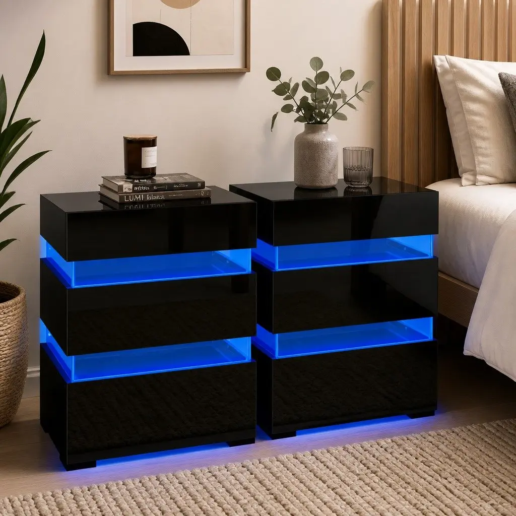 Black Modern Bedside Table with 3 Drawers and Customizable LED Light