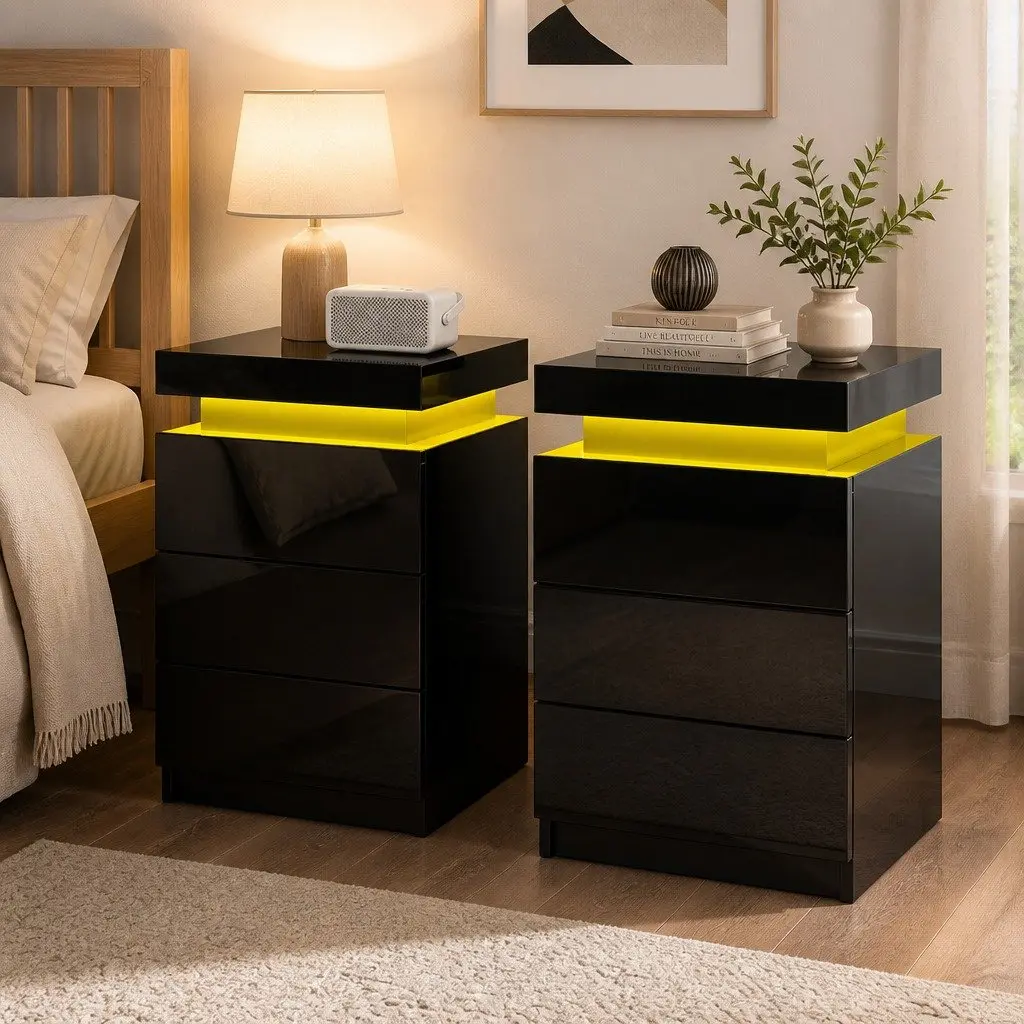 Black Bedside Table with Storage Lift-Up Compartment 3 Drawers and LED Lighting