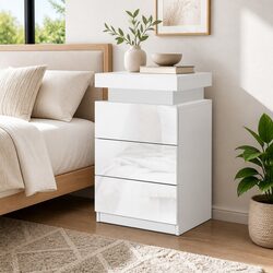 Bedside Table with LED Lighting 3 Drawers Storage White Bedroom Furniture