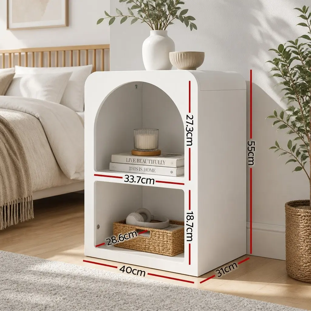Bedside Table with Shelves Side End Table Nightstand Storage White Arched Design