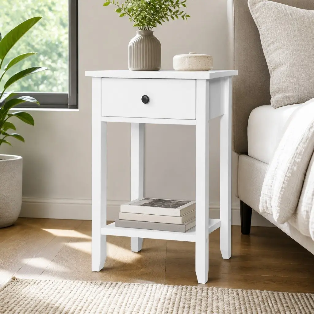 Bedside Table Compact White 1 Drawer with Shelf Bedroom Storage Nightstand