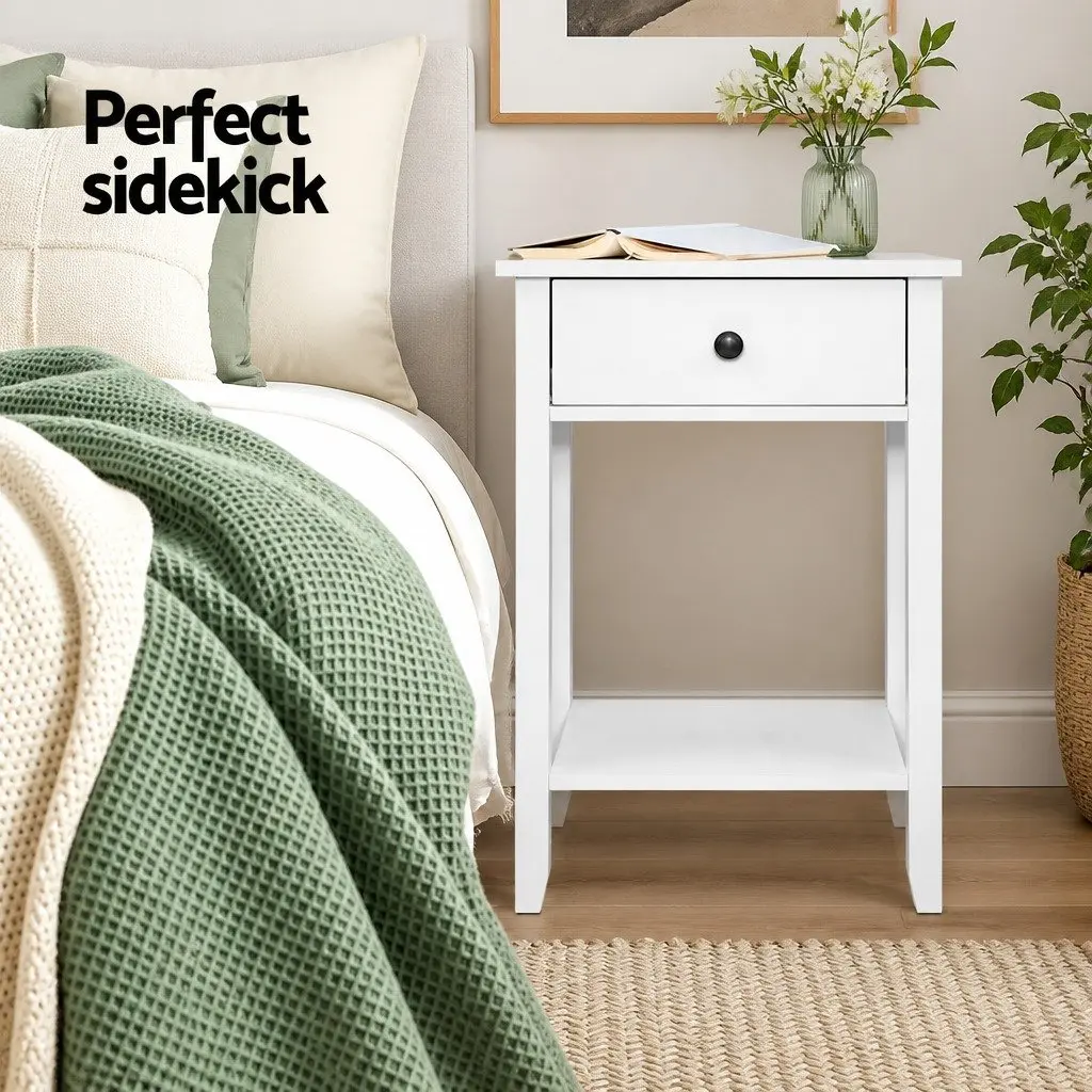 Bedside Table Compact White 1 Drawer with Shelf Bedroom Storage Nightstand