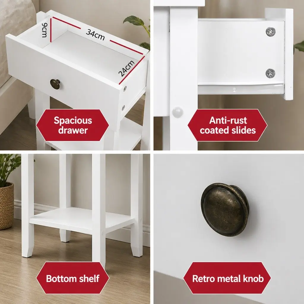 Bedside Table Compact White 1 Drawer with Shelf Bedroom Storage Nightstand