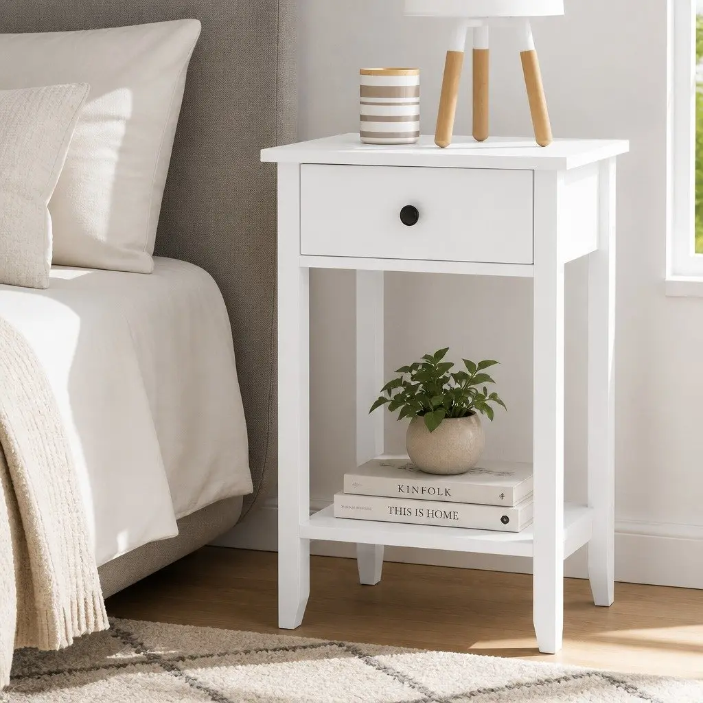 Bedside Table Compact White 1 Drawer with Shelf Bedroom Storage Nightstand