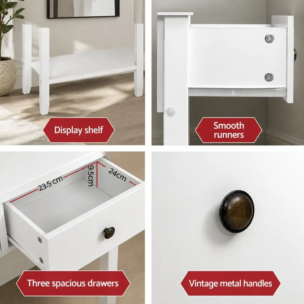 Console Table 3 Drawers 100CM White Hallway Entryway Storage Furniture